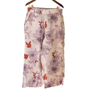 Rachel Roy 100% Linen Size L Floral Wide Leg Pants Boho Resortwear Cottagecore